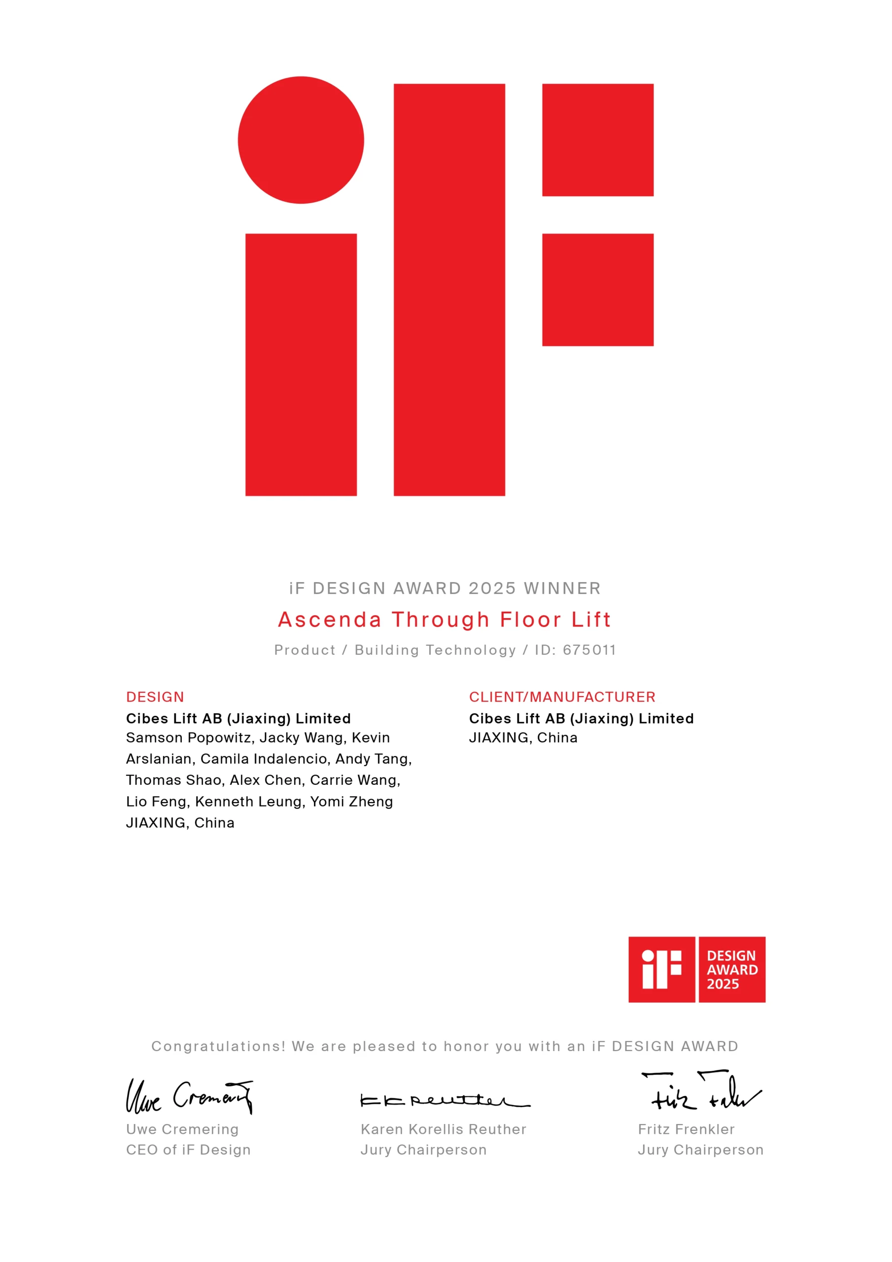 Sertifikat iF DESIGN AWARD 2025 untuk Ascenda Through Floor Lift