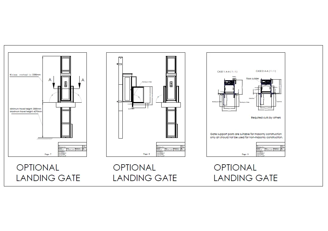 Gambar teknis optional landing gate Ascenda untuk instalasi lift rumah dengan shaft terbatas.