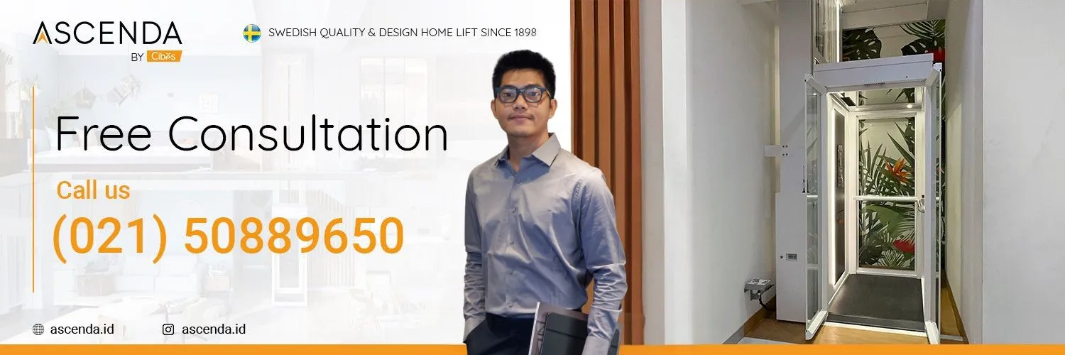 Banner Ascenda by Cibes “Free Consultation” dengan nomor telepon (021) 50889650 dan foto unit lift di area showroom.