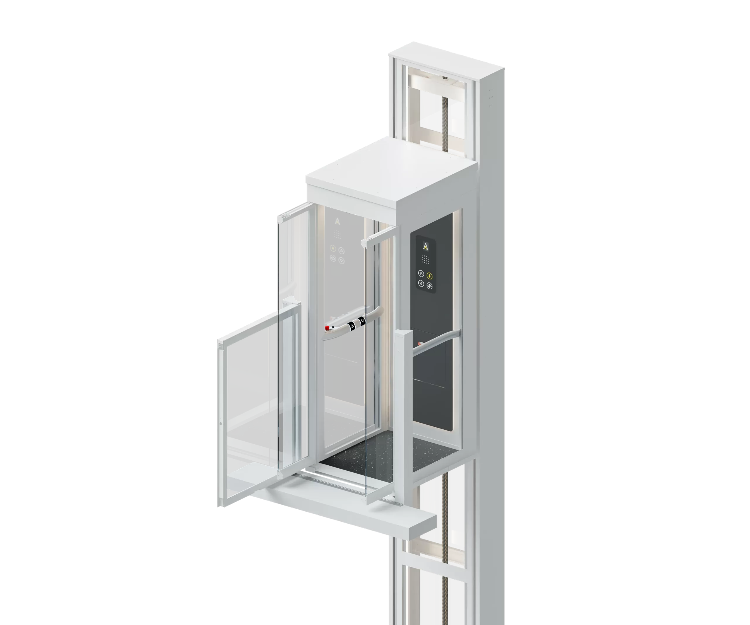 Lift rumah Ascenda tipe L dengan half gate, solusi saat memakai void antar lantai yang sudah tersedia.