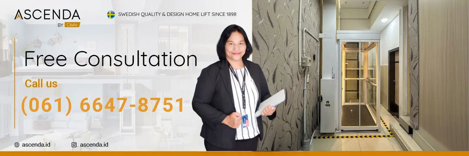Lift consultant Ascenda by Cibes untuk konsultasi lift rumah Medan dengan tampilan unit lift rumah di area hunian.