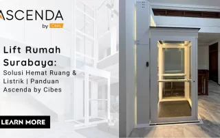 Hero image artikel lift rumah Surabaya dari Ascenda by Cibes dengan tampilan lift rumah compact dan desain modern.