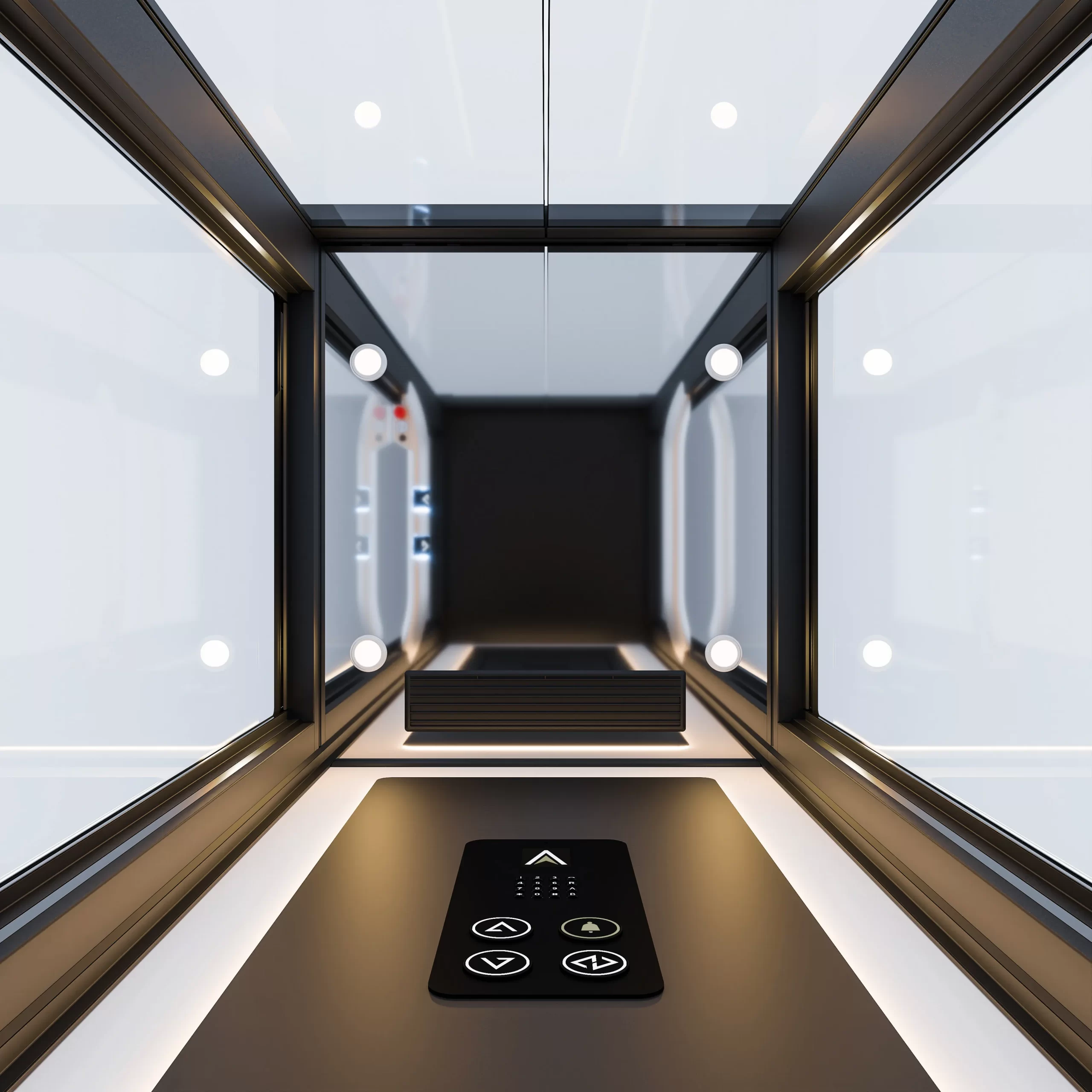 Tampilan plafon dan interior lift rumah Ascenda dengan desain kaca modern, pencahayaan lembut, dan panel kontrol minimalis.