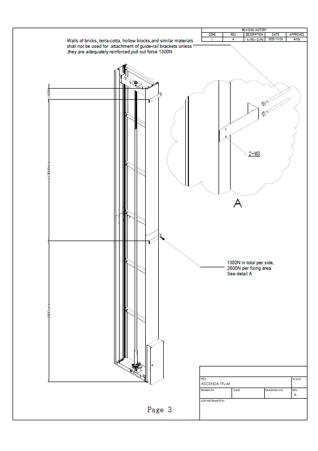Gambar teknis lift rumah Ascenda yang menunjukkan detail struktur, titik pemasangan, dan kebutuhan perkuatan dinding.