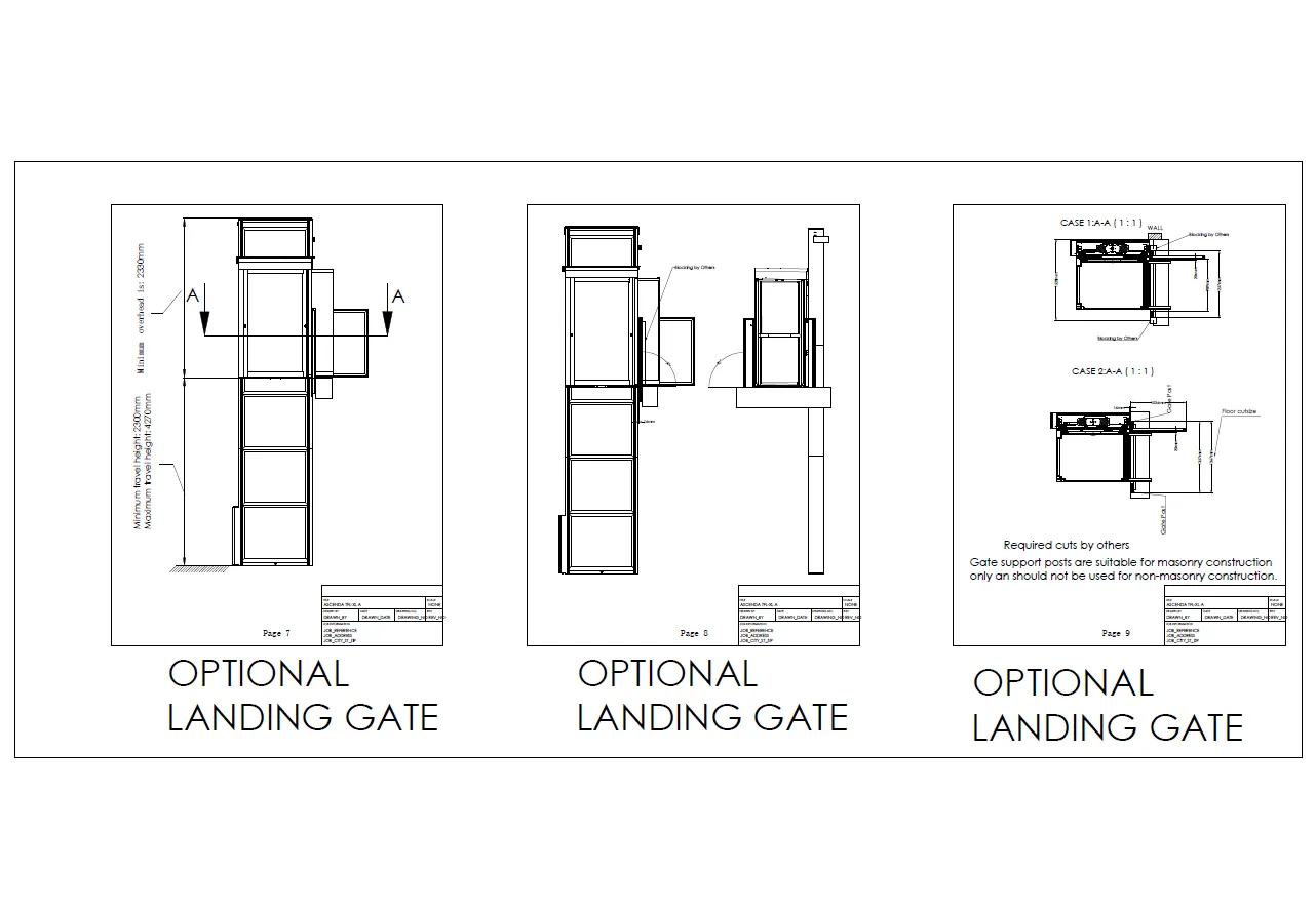 Contoh drawing teknis lift rumah Ascenda Size XL untuk perencanaan bukaan lantai, landing gate, dan kebutuhan PBG.