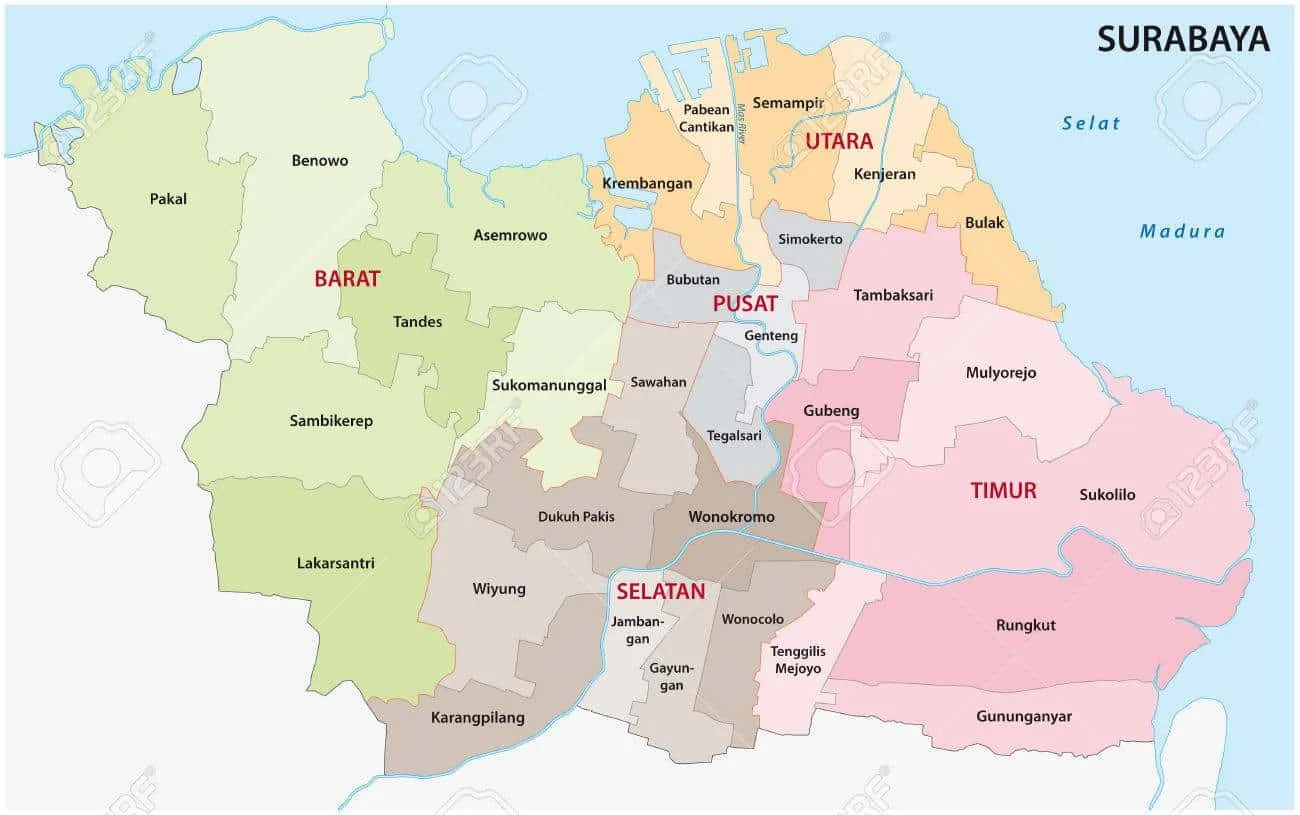 Peta wilayah Surabaya yang menampilkan area Surabaya Barat, Timur, Pusat, Utara, dan Selatan untuk konteks pasar hunian.