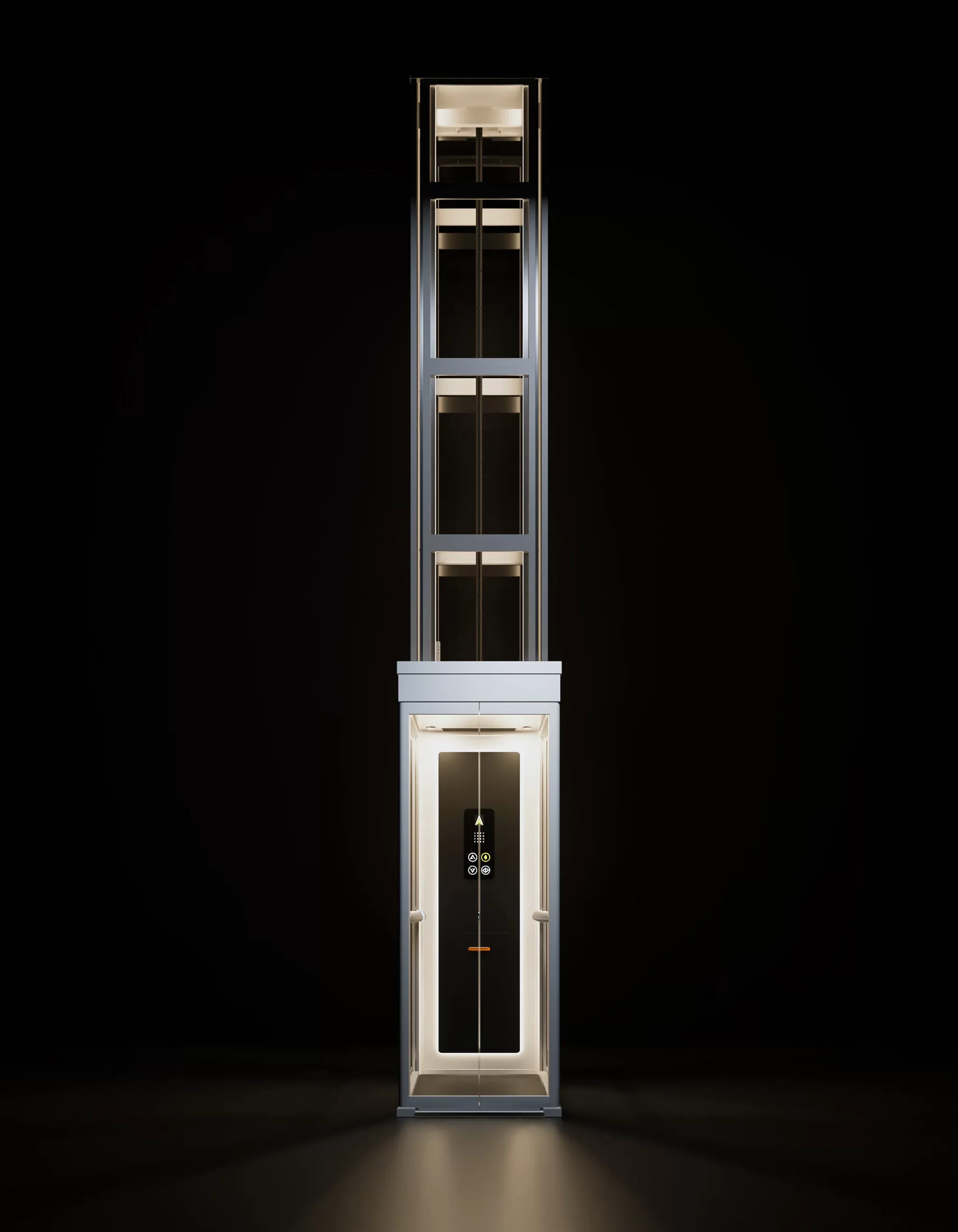 Lift rumah Ascenda warna putih dengan desain shaft lurus, pencahayaan kabin, dan tampilan minimalis di latar gelap.