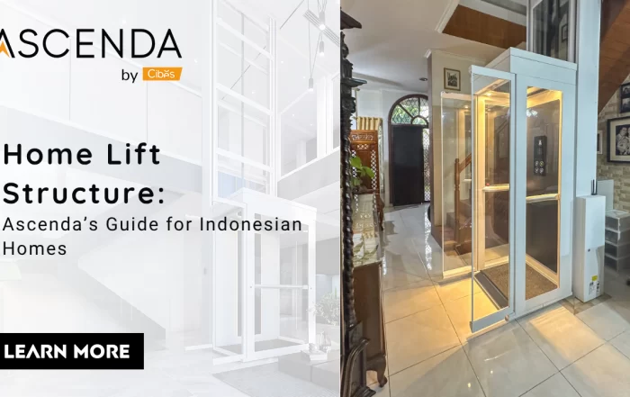 Ascenda home lift installed inside an Indonesian two-storey home beside a staircase, illustrating a compact modular structure.