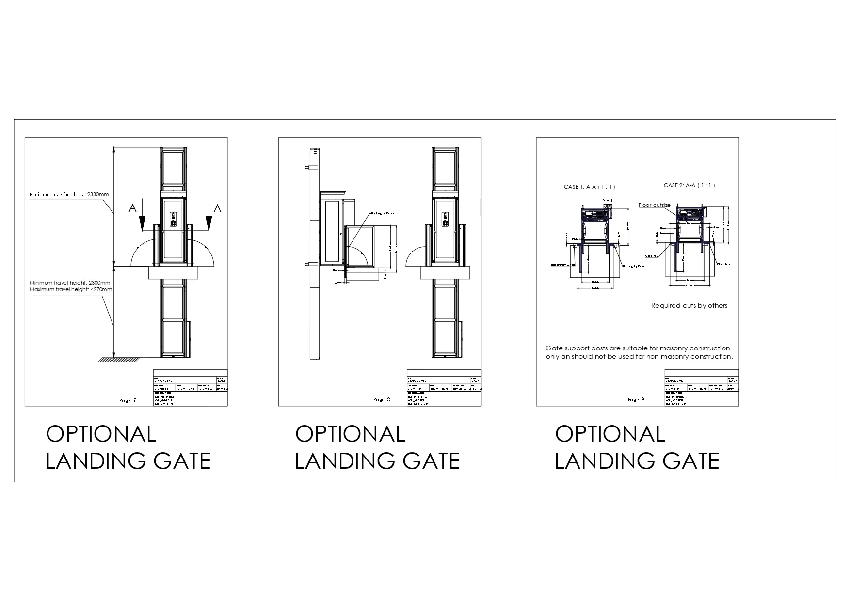 Gambar teknis optional landing gate Ascenda dengan tampak depan, tampak samping, ukuran cut-out lantai, dan kebutuhan ruang pemasangan.